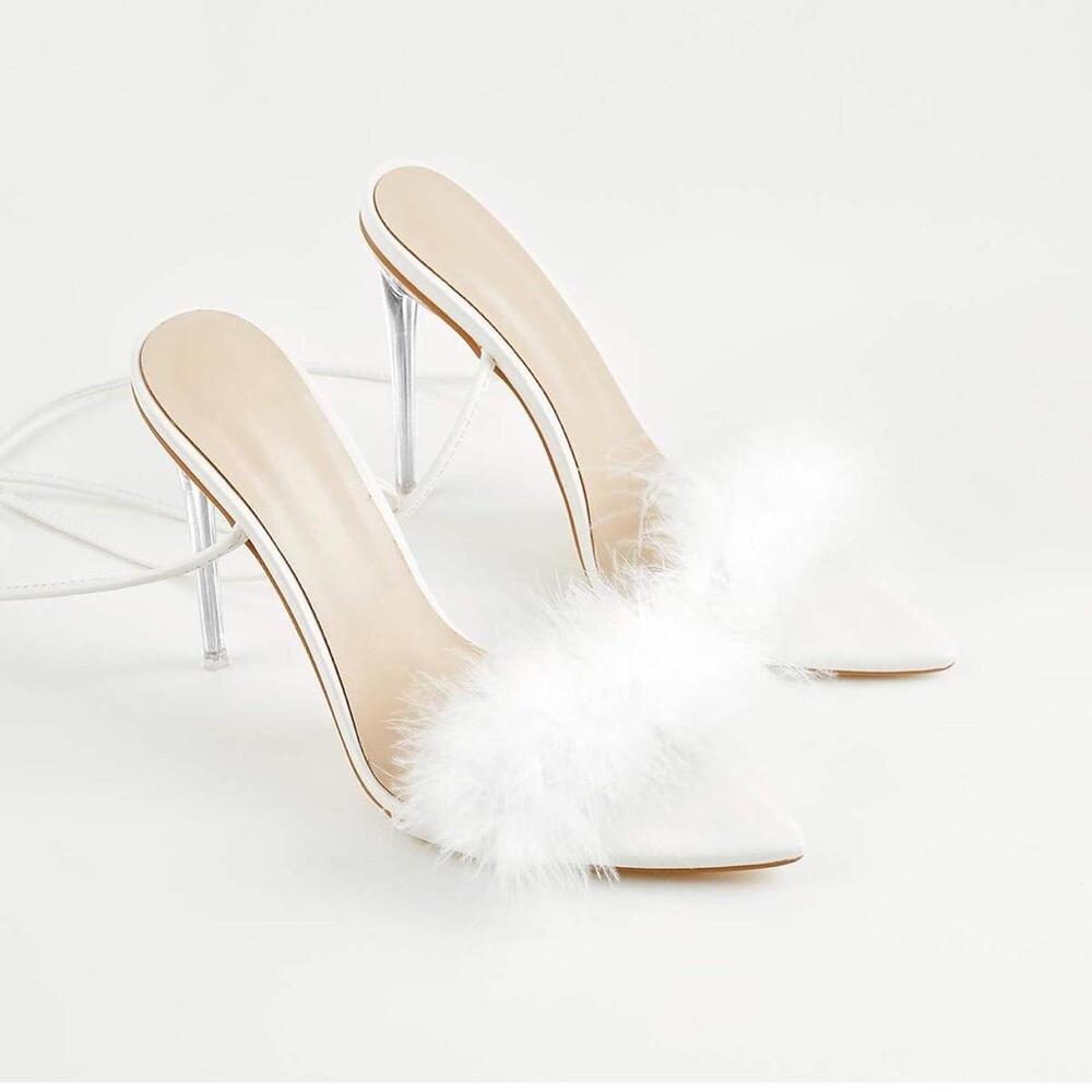 White Lace Up Feather Trim Stiletto Heels